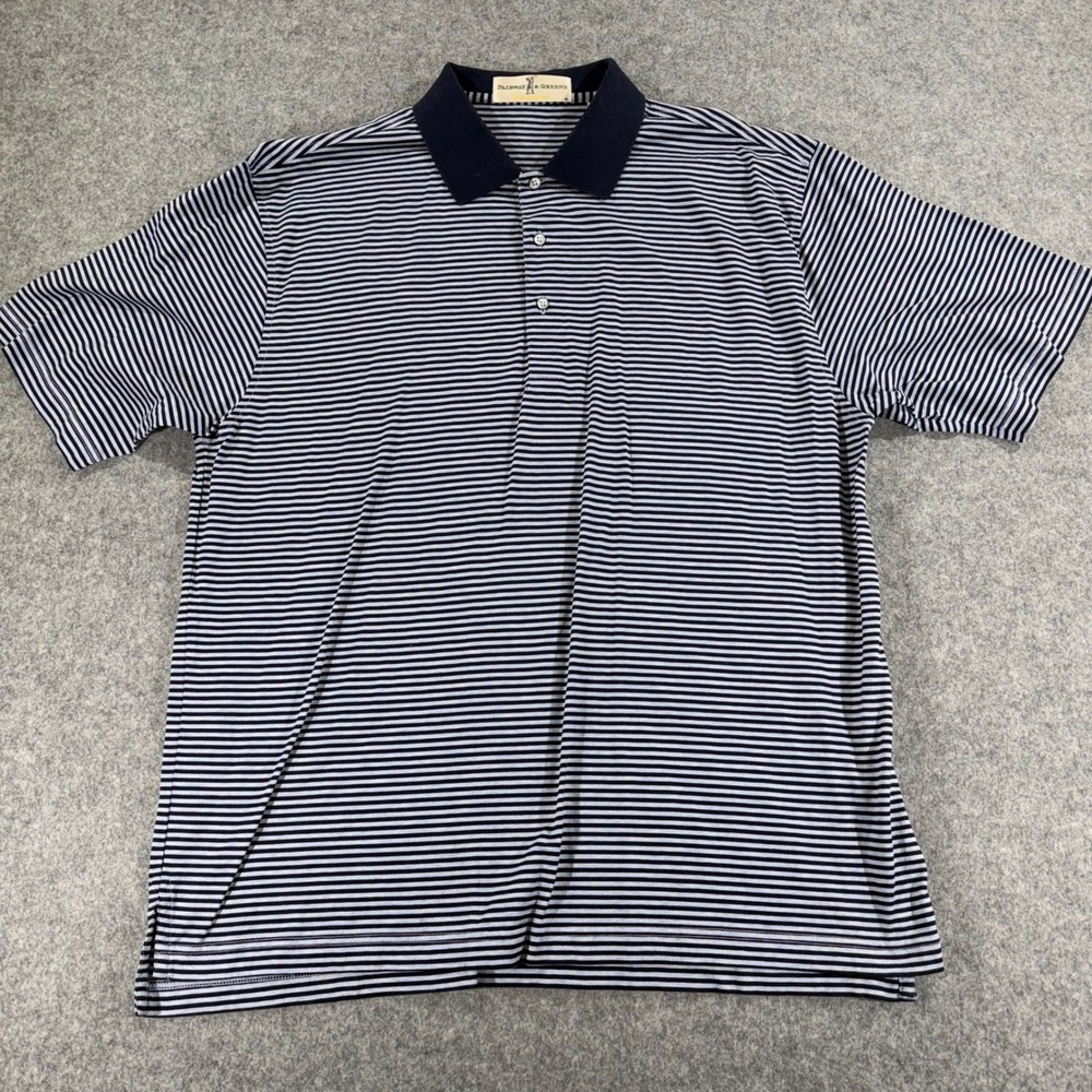 Fairway & Greene Mens Large Polo Shirt Blue Striped Mercerized Cotton Golf L